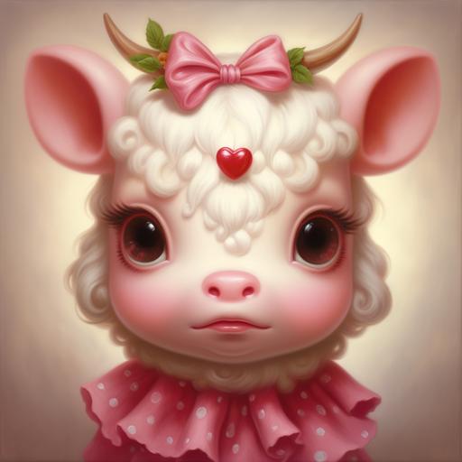 A Mark Ryden oil painting of a cute chubby strawberry cow with big eyes, long eyelashes, and chubby cheeks in shades of pink. The cow has a heart pattern on its fur over one eye.