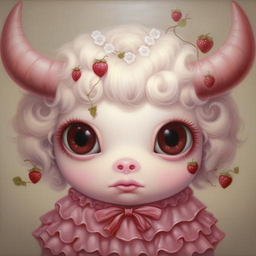 A Mark Ryden oil painting of a cute chubby strawberry cow with big eyes, long eyelashes, and chubby cheeks in shades of pink. The cow has a heart pattern on its fur over one eye.