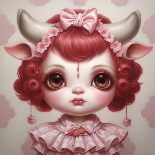 A Mark Ryden oil painting of a cute chubby strawberry cow with big eyes, long eyelashes, and chubby cheeks in shades of pink. The cow has a heart pattern on its fur over one eye.