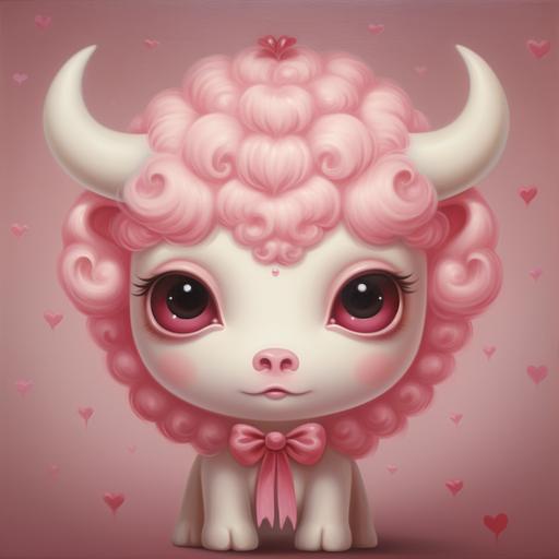 A Mark Ryden oil painting of a cute chubby strawberry cow with big eyes, long eyelashes, and chubby cheeks in shades of pink. The cow has a heart pattern on its fur over one eye.