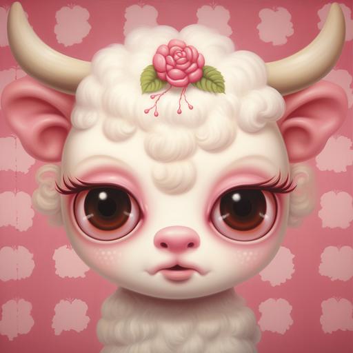 A Mark Ryden oil painting of a cute chubby strawberry cow with big eyes, long eyelashes, and chubby cheeks in shades of pink. The cow has a heart pattern on its fur over one eye.