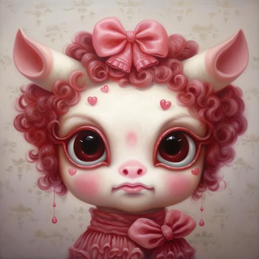 A Mark Ryden oil painting of a cute chubby strawberry cow with big eyes, long eyelashes, and chubby cheeks in shades of pink. The cow has a heart pattern on its fur over one eye.