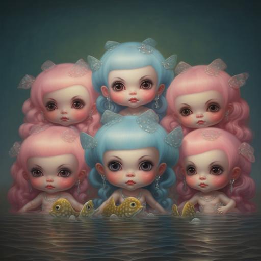 A Mark Ryden oil painting of a group of chubby baby pastel mermaids with big eyes, chubby cheeks, and long tails in pinks, blues, yellows