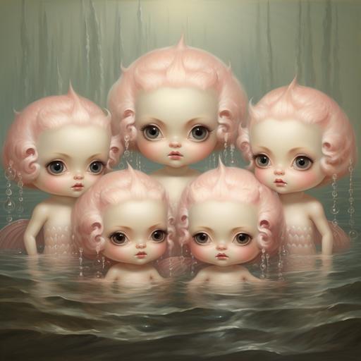 A Mark Ryden oil painting of a group of chubby baby pastel mermaids with big eyes, chubby cheeks all swimming around in pink sea