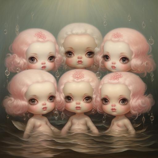 A Mark Ryden oil painting of a group of chubby baby pastel mermaids with big eyes, chubby cheeks all swimming around in pink sea