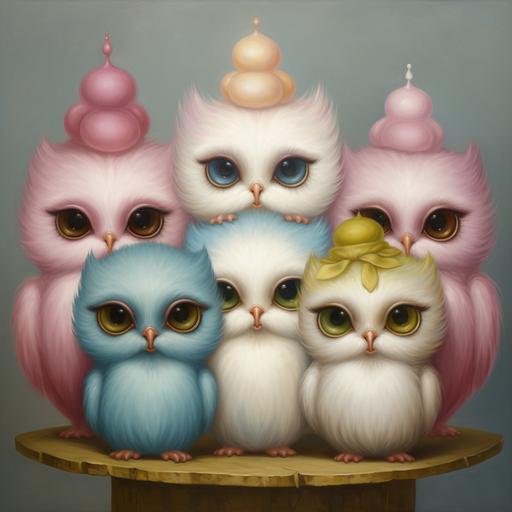 A Mark Ryden oil painting of a group of cute chubby pastel colored owls with big eyes, and chubby cheeks in pinks, yellows, and blues