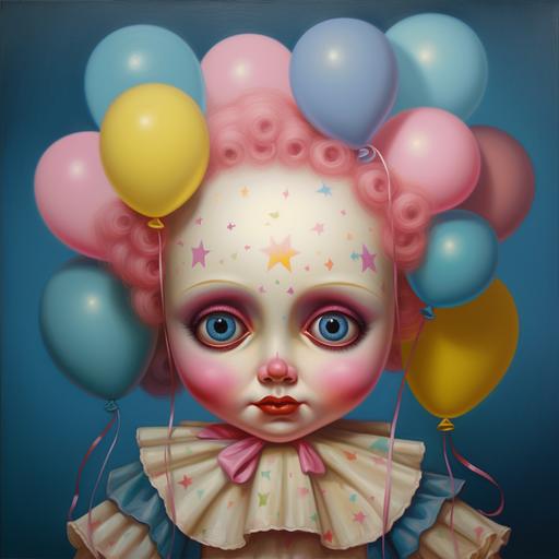 A Mark Ryden oil painting of a roly poly clown doll with big eyes and chubby cheeks in pink, blue, and yellow