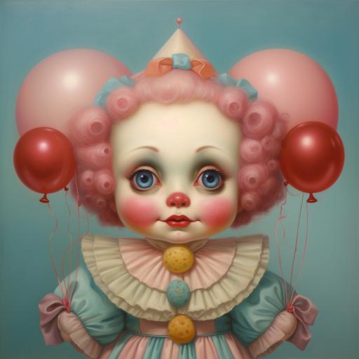 A Mark Ryden oil painting of a roly poly clown doll with big eyes and chubby cheeks in pink, blue, and yellow