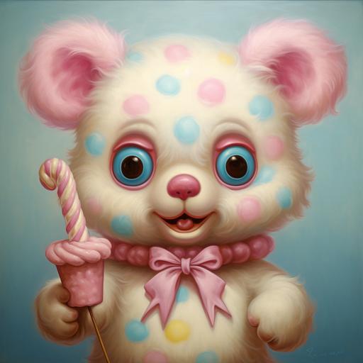 A Mark Ryden oil painting of chubby pastel clown ice cream cotton candy Bear with big eyes, chubby cheeks, and a small mouth in pinks, blues, yellows