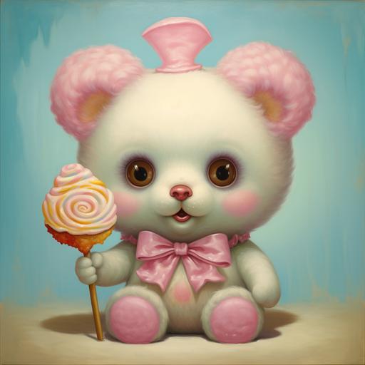 A Mark Ryden oil painting of chubby pastel clown ice cream cotton candy Bear with big eyes, chubby cheeks, and a small mouth in pinks, blues, yellows