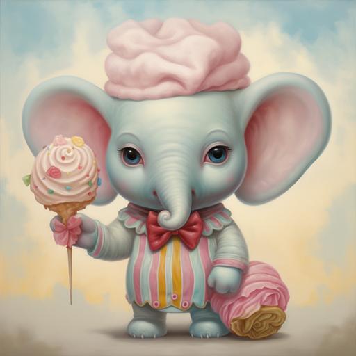 A Mark Ryden oil painting of chubby pastel clown ice cream baby Elephant with big eyes, chubby cheeks in pinks, blues, yellows