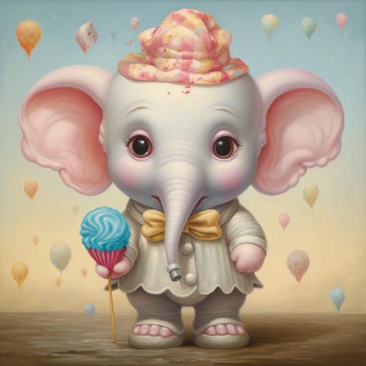 A Mark Ryden oil painting of chubby pastel clown ice cream baby Elephant with big eyes, chubby cheeks in pinks, blues, yellows