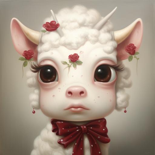 A Mark Ryden oil painting of chubby peppermint whipped cream cow with big eyes and long eyelashes