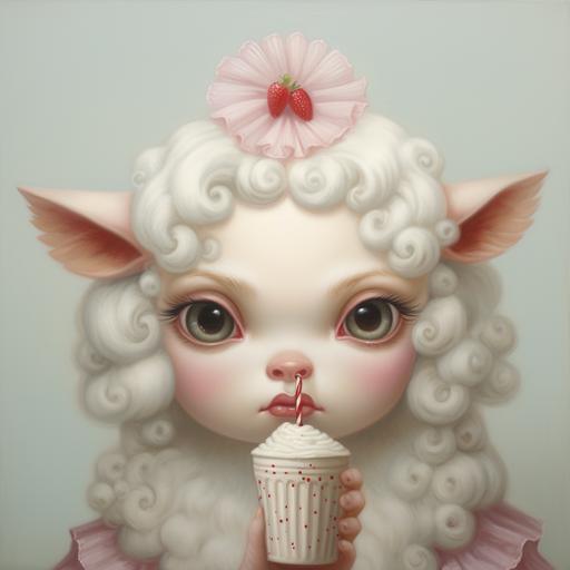 A Mark Ryden oil painting of chubby peppermint whipped cream cow with big eyes and long eyelashes