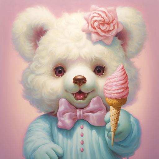 A Mark Ryden oil painting of pastel clown ice cream cotton candy Bear in pinks, blues, yellows