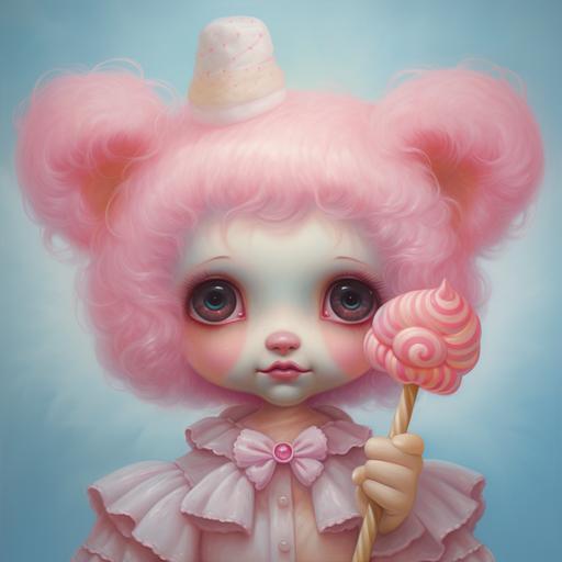 A Mark Ryden oil painting of pastel clown ice cream cotton candy Bear in pinks, blues, yellows