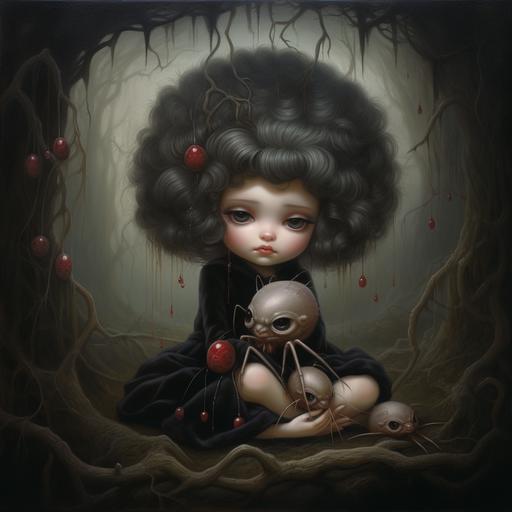 A Mark Ryden style oil painting featuring a girl cuddling a cute chubby baby spider in the forest