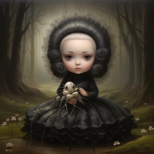A Mark Ryden style oil painting featuring a girl cuddling a cute chubby baby spider in the forest