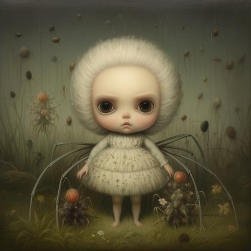 A Mark Ryden style oil painting featuring a shy chubby baby spider