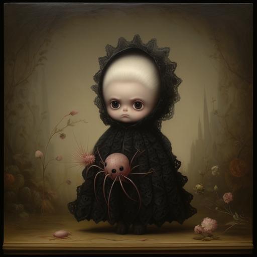 A Mark Ryden style oil painting featuring a shy chubby baby spider