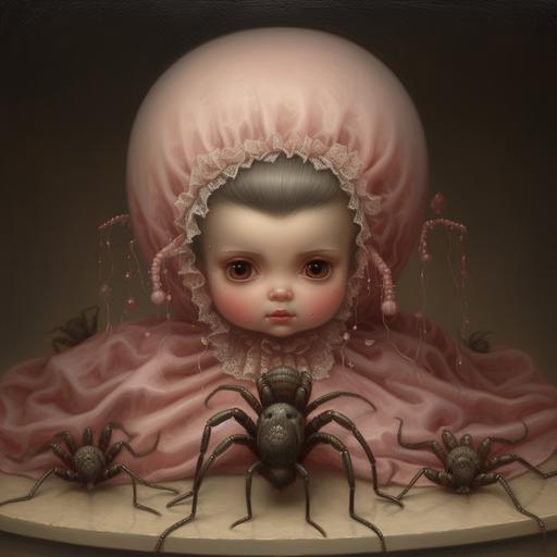 A Mark Ryden style oil painting featuring a shy chubby baby spider