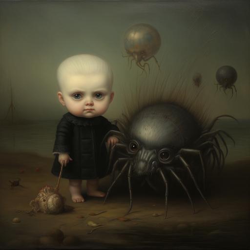 A Mark Ryden style oil painting featuring a shy chubby baby spider