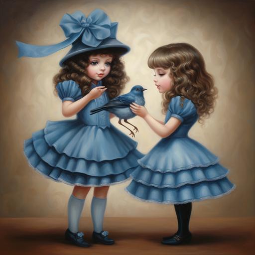 A Mark Ryden style oil painting featuring a vintage style bluebird in a tophat dancing with a girl with curly hair and ribbons and a blue dress