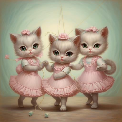 A Mark Ryden style oil painting featuring cute chubby kittens in pastel colored dresses playing jumprope