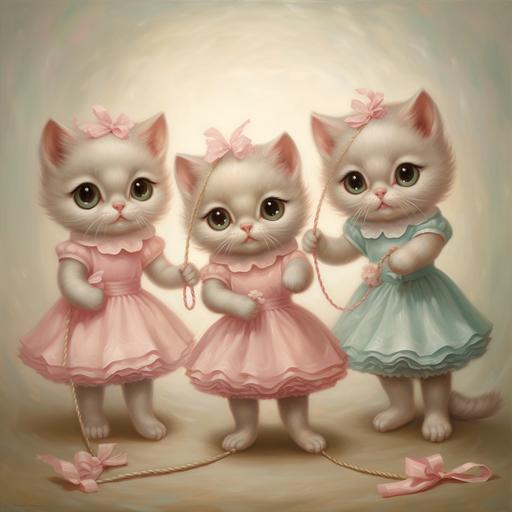 A Mark Ryden style oil painting featuring cute chubby kittens in pastel colored dresses playing jumprope