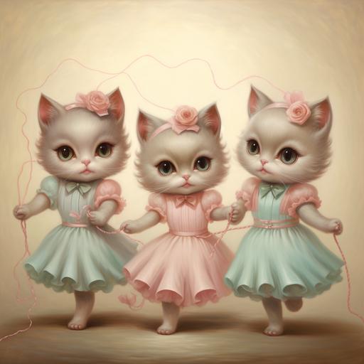 A Mark Ryden style oil painting featuring cute chubby kittens in pastel colored dresses playing jumprope