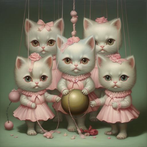 A Mark Ryden style oil painting featuring cute chubby kittens in pastel colored dresses playing jumprope