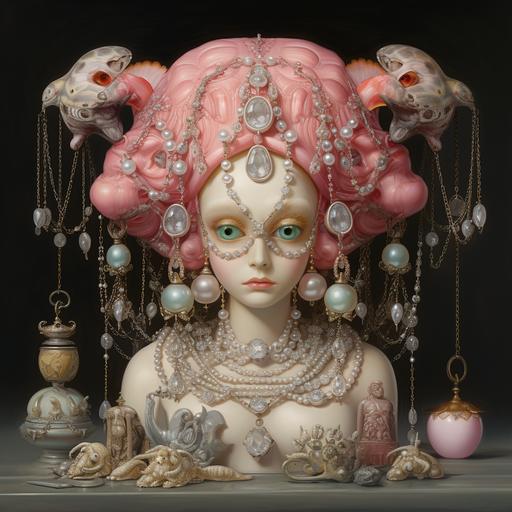 A Mark Ryden style still life oil painting featuring elaborate Victorian jewelry designed by an alien species