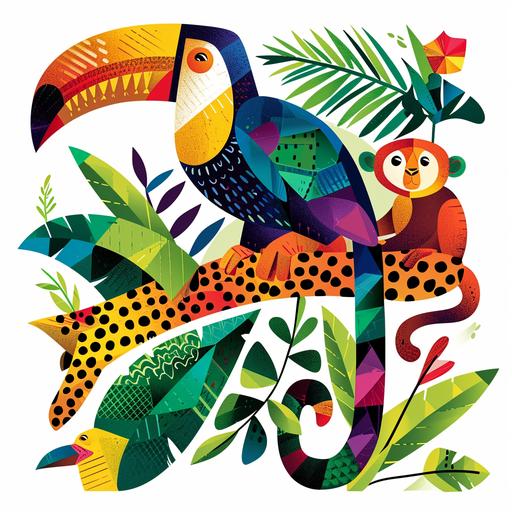 A Mary Blair style full body illustration of a animals, toucan, monkey, brazilian jaguar, The illustration is in an organic shape on a clean white background. No shadows. No gradients. Vector. Children's book style --v 6.0