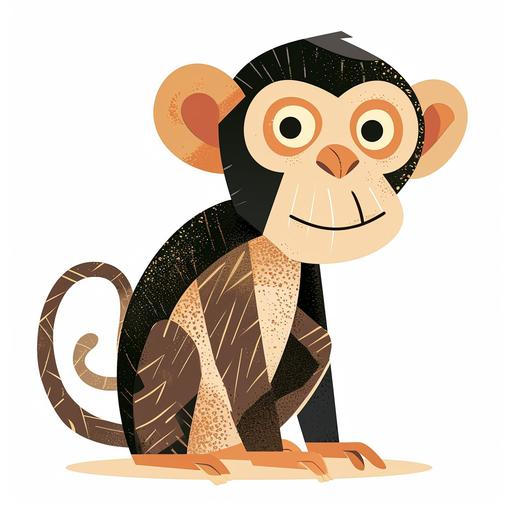 A Mary Blair style full body illustration of a animal, monkey, The illustration is in an organic shape on a clean white background. No shadows. No gradients. Vector. Children's book style --v 6.0