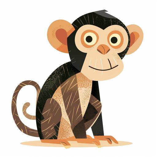 A Mary Blair style full body illustration of a animal, monkey, The illustration is in an organic shape on a clean white background. No shadows. No gradients. Vector. Children's book style --v 6.0