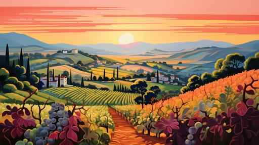A Mary Blair-style gouache painting of a vineyard in Asti. Focus on rows of grapevines with the setting sun in the background. --ar 16:9