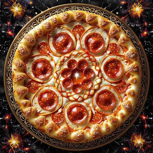 A Meticulously detailed whimsical yantra with sacred geometry, luminescent concentric crop circles, squares and triangles and subtle outlines, superimposed over the spicy zest of majestic pepperoni pizza, floating in the middle of the galaxy, with spirals of pepperoni and cheese that entice the senses. the harmony of tomato, mozzarella, and basil. Style: The dynamic, flowing energy of Art Nouveau combined with the rich, bold colors of pepperoni, Colors: Pepperoni Red, Cheese Yellow, Olive Green, Vibrant Violet, Neon Green, Crispy Brown. --c 40 --style raw --s 250
