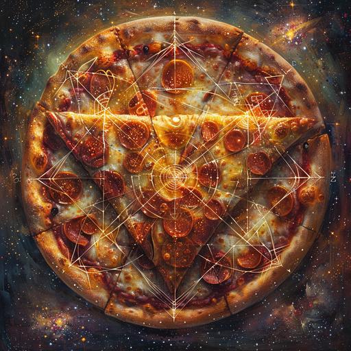 A Meticulously detailed whimsical yantra with sacred geometry, luminescent concentric crop circles, squares and triangles and subtle outlines, superimposed over the spicy zest of majestic pepperoni pizza, floating in the middle of the galaxy, with spirals of pepperoni and cheese that entice the senses. the harmony of tomato, mozzarella, and basil. Style: The dynamic, flowing energy of Art Nouveau combined with the rich, bold colors of pepperoni, Colors: Pepperoni Red, Cheese Yellow, Olive Green, Vibrant Violet, Neon Green, Crispy Brown. --style raw --s 250
