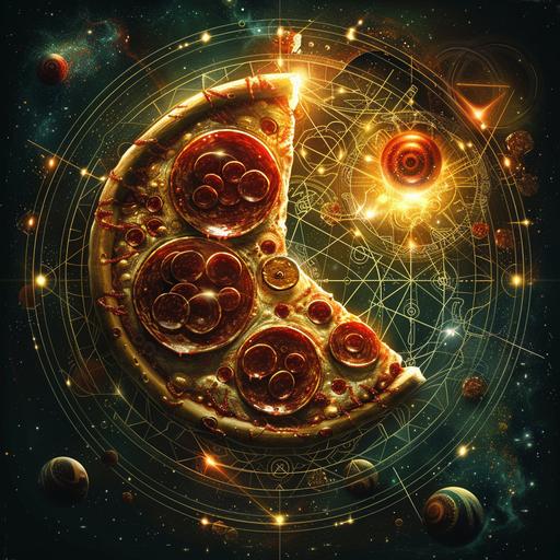 A Meticulously detailed whimsical yantra with sacred geometry, luminescent concentric crop circles, squares and triangles and subtle outlines, superimposed over the spicy zest of majestic pepperoni pizza, floating in the middle of the galaxy, with spirals of pepperoni and cheese that entice the senses. the harmony of tomato, mozzarella, and basil. Style: The dynamic, flowing energy of Art Nouveau combined with the rich, bold colors of pepperoni, Colors: Pepperoni Red, Cheese Yellow, Olive Green, Vibrant Violet, Neon Green, Crispy Brown. --c 40 --style raw --s 250
