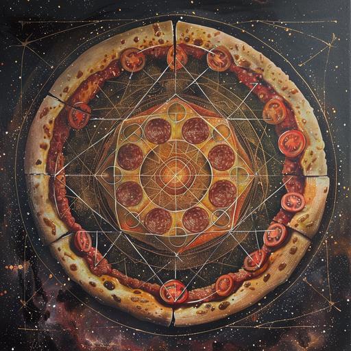 A Meticulously detailed whimsical yantra with sacred geometry, luminescent concentric crop circles, squares and triangles and subtle outlines, superimposed over the spicy zest of majestic pepperoni pizza, floating in the middle of the iridescent galaxy, with spirals of pepperoni and cheese that entice the senses. the harmony of tomato, mozzarella, and basil. Style: The dynamic, flowing energy of Art Nouveau combined with the rich, bold colors of pepperoni, Colors: Black, Pepperoni Red, Cheese Yellow, Olive Green, Vibrant Violet, Neon Green, Crispy Brown. --style raw