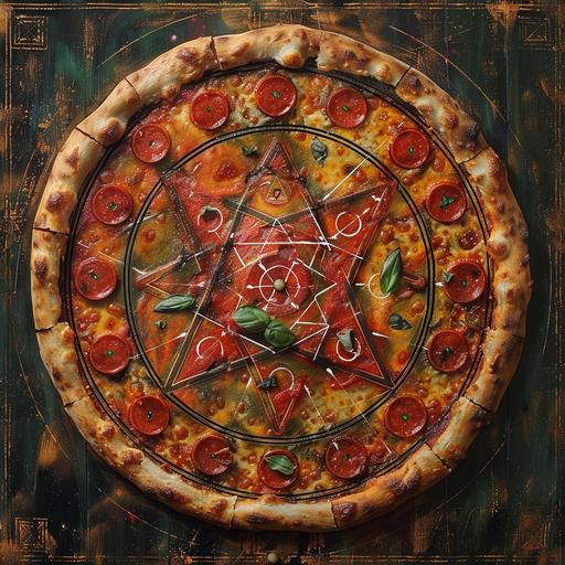A Meticulously detailed whimsical yantra with sacred geometry, luminescent concentric crop circles, squares and triangles and subtle outlines, superimposed over the spicy zest of majestic pepperoni pizza, floating in the middle of the galaxy, with spirals of pepperoni and cheese that entice the senses. the harmony of tomato, mozzarella, and basil. Style: The dynamic, flowing energy of Art Nouveau combined with the rich, bold colors of pepperoni, Colors: Pepperoni Red, Cheese Yellow, Olive Green, Vibrant Violet, Neon Green, Crispy Brown. --c 20 --style raw --s 250