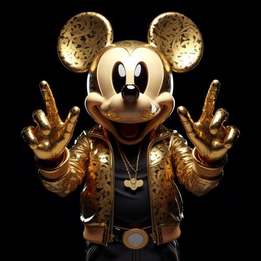 A Mickey Mouse With Gold Teeth and the iconic mickey mouse hands throwing gang signs