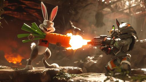 A Mortal Kombat-style arena where Bugs Bunny faces Doomguy, Bugs armed with a giant carrot like a warrior, and Doomguy with his signature shotgun. The arena is a dark, foreboding landscape, reminiscent of Outworld, with Bugs performing an acrobatic dodge over a blast from Doomguy's shotgun. Created Using: dynamic combat poses, detailed Outworld-inspired arena, weaponized carrot, shotgun blast effects, acrobatic evasion, intense facial expressions, realistic textures and lighting, X prompt, hd quality, natural look --ar 16:9 --v 6.0 --s 50