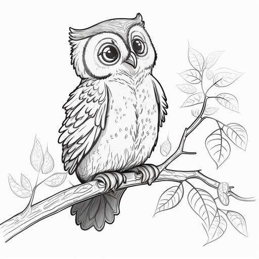 A NO COLOR OWL ON A TREE BRANCH WITH LEAF, LOW DETAIL, NO SHADING, THICK LINES,CARTOON CHARACTER, GRAY SCALE, COLORING PAGE FOR KIDS--AR9:11 --v 4 --s 750