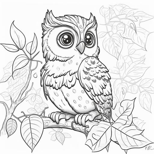 A NO COLOR OWL ON A TREE BRANCH WITH LEAF, LOW DETAIL, NO SHADING, THICK LINES,CARTOON CHARACTER, GRAY SCALE, COLORING PAGE FOR KIDS--AR9:11 --v 4 --s 750