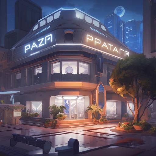 A One story building in a plaza, futuristic, science fiction, overwatch, flat lighting, plaza, plaza chairs, posters, game, potted plants, large windows, plaza accessories --v 5