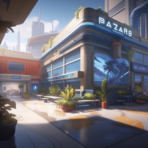 A One story building in a plaza, futuristic, science fiction, overwatch, flat lighting, plaza, plaza chairs, posters, game, potted plants, large windows, plaza accessories --v 5