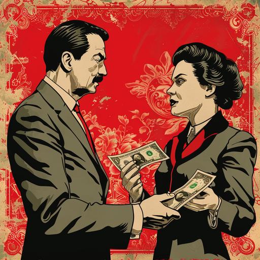 A PR person asks a client to pay money for their services, in the style of a communist propaganda poster