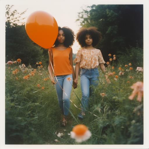 A Polaroid photo of two black sisters walking through a garden of orange flowers and blue flowers holding balloons. Wearing an orange blouse with blue jeans with orange running shoes. One sister is younger with an afro. The other sister has curly ringlets. Golden hour.