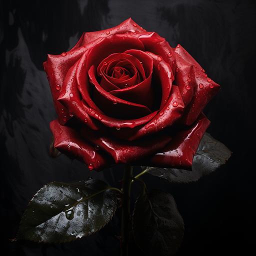 A RED ROSEBUD lay down in a flat black underground hyper realistic